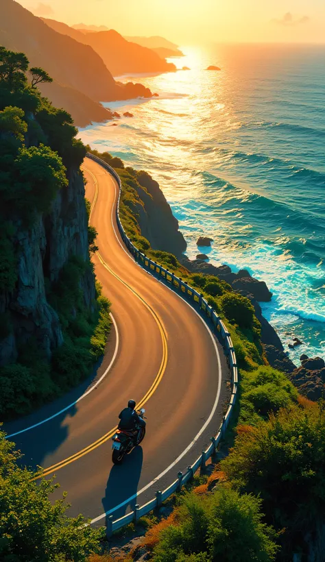 A scenic coastal highway in Okinawa, winding along the cliffs with a stunning ocean view. A motorcycle rider cruises along the road as golden sunlight reflects off the turquoise waters below. The road is lined with lush green vegetation, and the setting su...