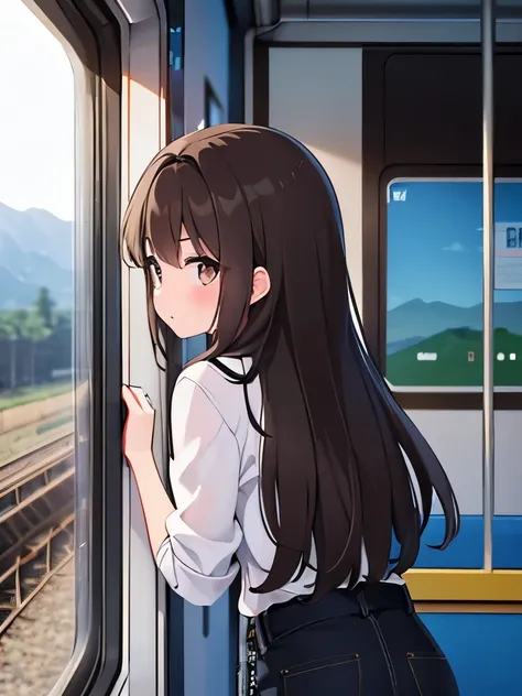 1girl, 20 years old, dark brown hair, brown eyes, shirt, black denim pants, standing in a train, standing near a window, cute, absurdres, high res, ultrasharp, 8K, masterpiece, looking at the camera, from behind