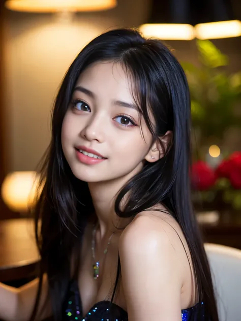 (Best quality, Masterpiece, Ultra High Resolution, (Photorealistic:1.4), Raw-Photo, depth of field, professional lighting), at luxury hotel bar, 1girl, 15-years-old, the most famous Japanese idol, (grinning), (drunk:1.5), (ecstasy:1.5), ((wearing most fash...