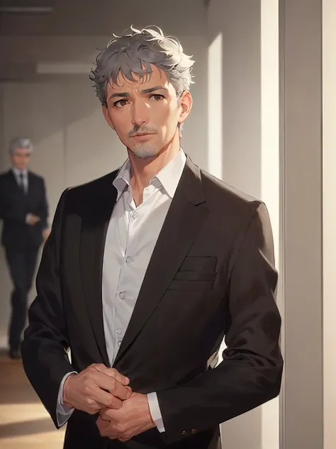 masterpiece, high quality,(55-year-old man with short grey hair and brown eyes:1.5),Wearing a grey suit,(surprised:1.2),The background is a hotel room,Alone