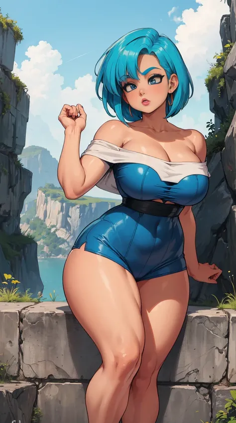 ((high detailed, best quality, 4k, masterpiece, hd:1.3)), ((best quality)), (((HD))), (((8k))), (ultraDH), (ultra HD), Bulma, long curly turqoise hair, european skin tone, blue colored eyes, small breasts, dragon ball z color scheme, wearing tight saiyan a...