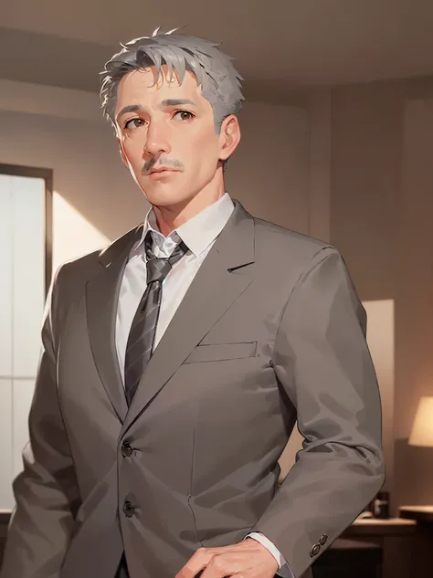 masterpiece, high quality,(55-year-old man with short grey hair and brown eyes:1.5),Wearing a grey suit,(surprised:1.3),The background is a hotel room,Alone,cowboy shot