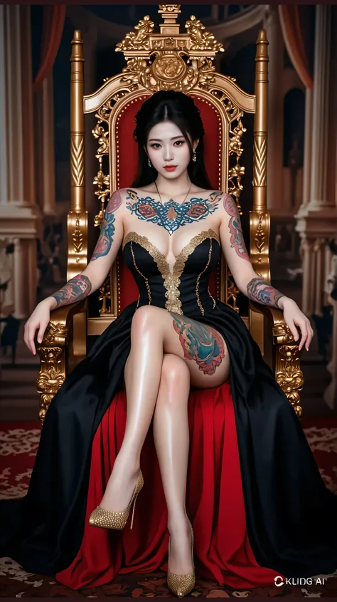  Image of japanese woman sitting in a luxurious queen chair  ,  with backrest full of highly detailed engraving .  The woman sits elegantly .  Visible cleavage ,  store bryster ,  folded legs display her smooth thighs tattooed in colorful 3D.  Long dress o...