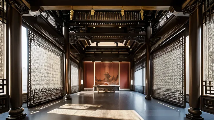 Interior of a grand, ornate old Chinese temple, bright, hd, minimalist