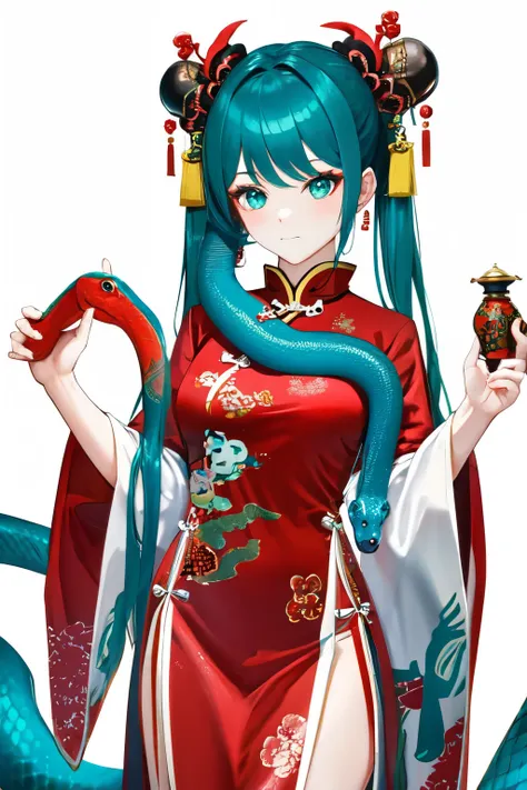 Snake cloth, snake, beautiful Chinese girl, in the new Chinese year (masterpiece, best quality:1.3), (teal) , red, white