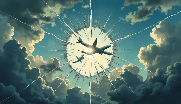  The sky was separated by a crack in the glass ,  The crack was showing another dimension of gloomy color and light, An airplane disintegrated in the middle of a crack , , and each part of the split was slightly misplaced. 