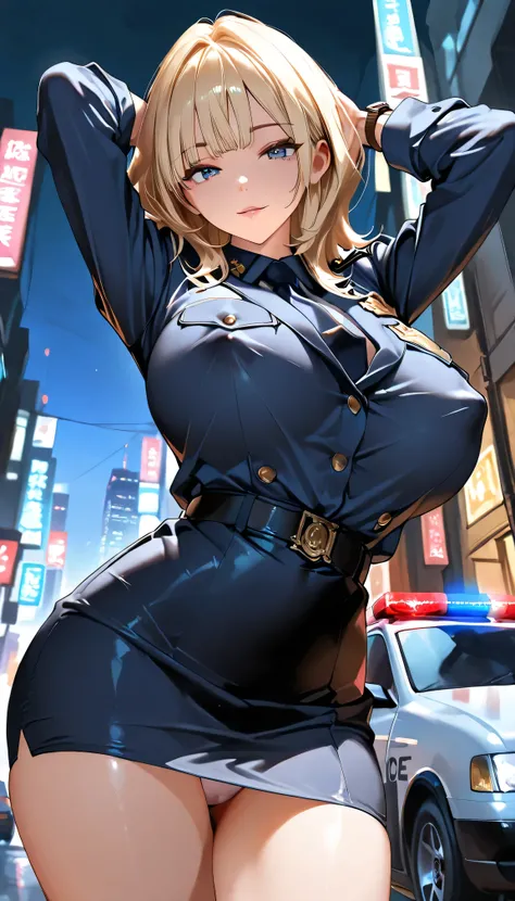  Masterpiece,Massive Breasted Asian  , Next to the police car,Japanese police uniform, Police shirt ,wavy hair, medium hair ,  blonde , choppy bangs , seductive look , woman wearing pencil skirt,, put your hands behind your head, erect nipples  ,  night ci...