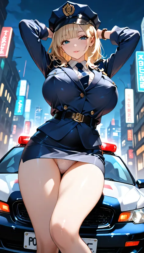  Masterpiece,Massive Breasted Asian  , Next to the police car, Japanese police uniform on top of a police car, Police shirt ,wavy hair, medium hair ,  blonde , choppy bangs , seductive look , woman wearing pencil skirt,, put your hands behind your head, er...