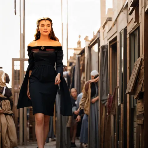 she is walking through a medieval bazaar among shops in a luxurious dress