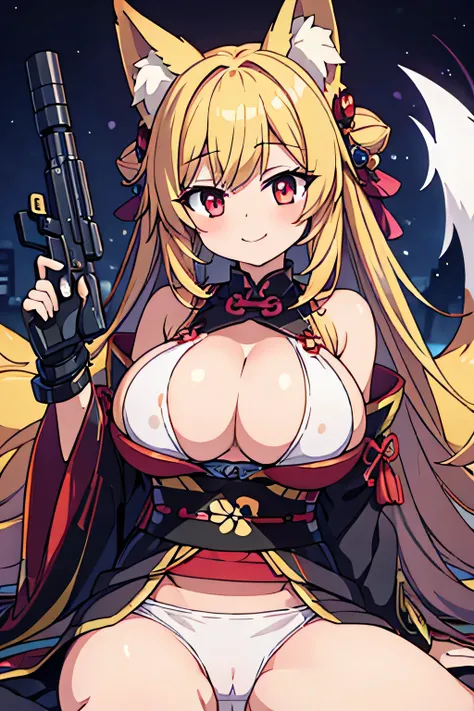  top quality、 big breast with a futuristic gun、 cleavage、 fox ears、 long blonde、 Red Eye、 kimono、Underboob、smile、(( girl sitting))