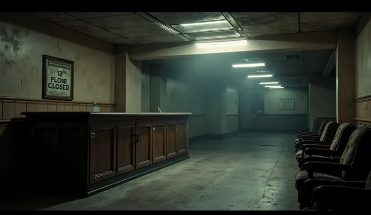 Inside the lobby: The front desk is worn down with old wooden furniture. The sign above reads "13th Floor Closed." The lighting is dim and flickering, creating an eerie atmosphere. Dust is visible in the air.