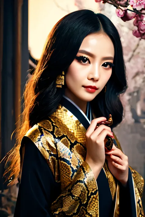 Chinese girl, black hanfu, golden serpent motifs, coiled snake companion, snake, onyx scales, gold-tipped fangs, intricate hairpin with snake silhouette, smokey eyeliner, midnight backdrop, glowing golden lanterns, traditional courtyard, moonlit cherry blo...