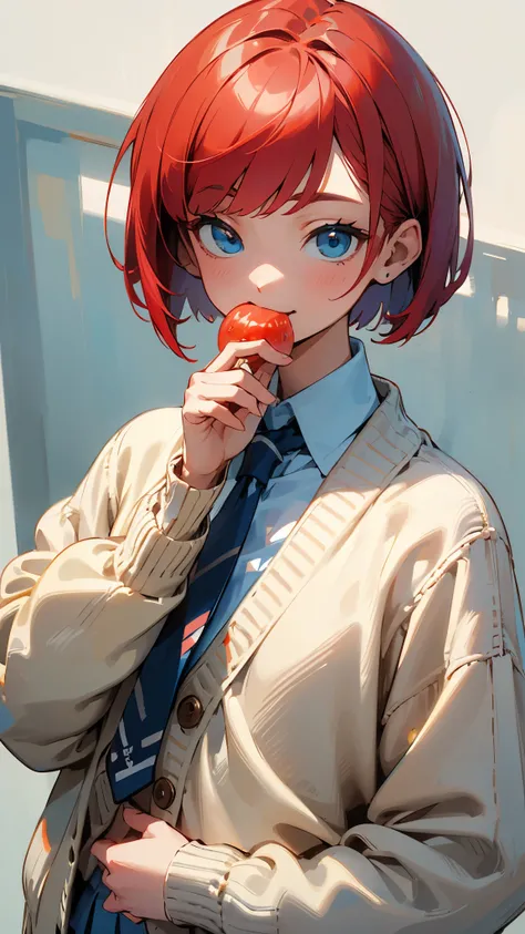 (( top quality))、(( Masterpiece))、(Familiar)、smile、Red Hair、 bob cut、 light blue eyes 、 upper body closeup while eating sweets、white knitted cardigan、 Light Blue Collared Shirt 、 tie、 light blue miniskirt 、Holding a red tomato with both hands