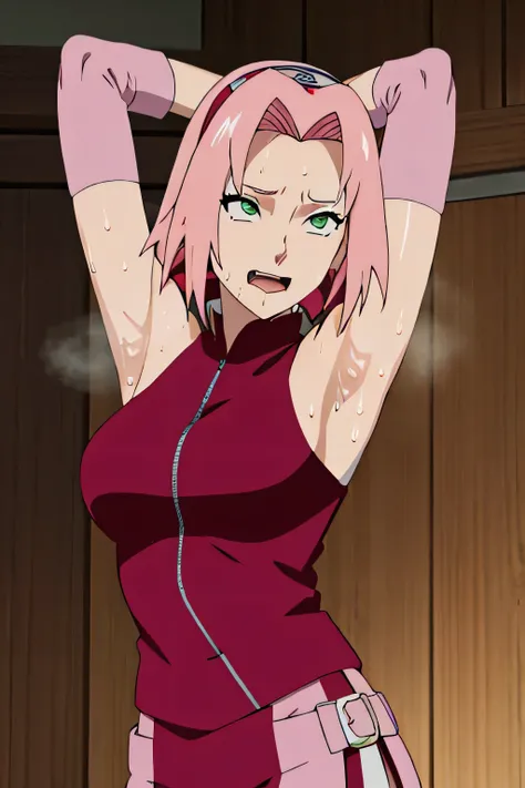 Sakura Haruno,human woman with fair skin.with green eyes and red clothing. Her hair is long and pink in color; She is beautiful. Fair skin.Tsundere face. Pink eye shading,mature appearance,armpits,sweat,sweaty,sweaty armpits,arms up,showing armpits,awesome...