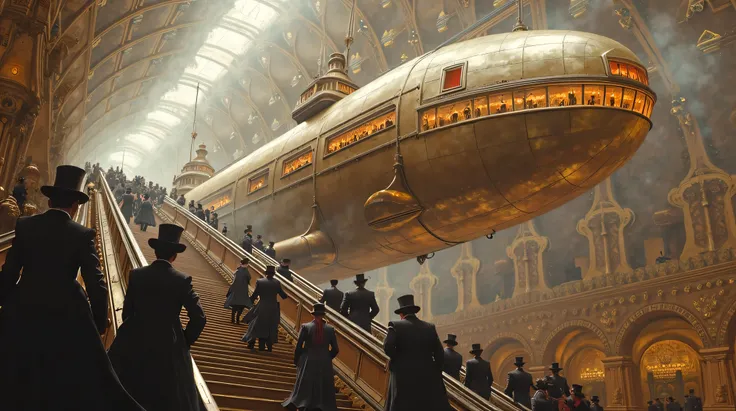 ultra detailed realistic scene from side back view , A group of passengers in elegant outfits , top hats. ,goggle , step onto a finely crafted escalator leading into the zeppelin plane door . , with a softly blurred background that hints at the ornate mech...