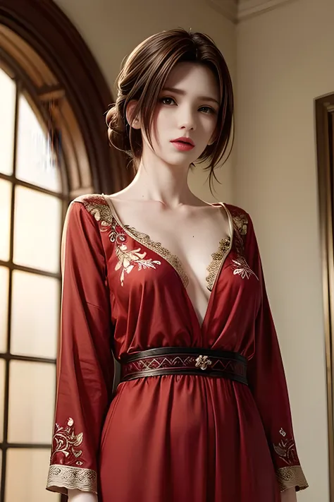 Elegant woman with brown hair, wearing a luxurious red silk pyjamas adorned with golden floral and bird embroidery, standing gracefully in a softly lit indoor setting. Her makeup is refined, featuring bold red lips and dark eyeliner. The background consist...