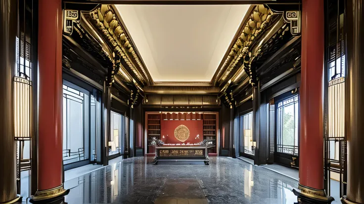 Interior of a grand, ornate old Chinese temple, bright, hd, minimalist, tall ceilings, big, palace shrine