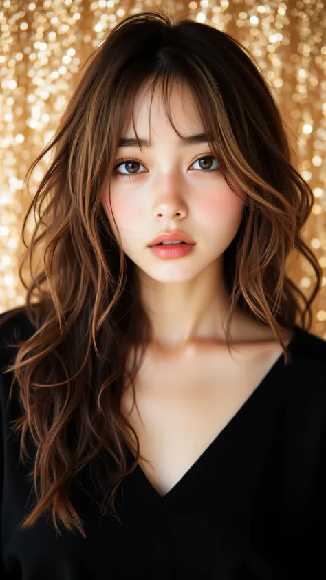 8k, masterpiece, highest quality, Korea's Beautiful Women, Close-up, frontal,  long wavy light-brown hair, highlights, fair skin, dark eyebrows, dark eyes, serious expression, direct gaze, black v-neck top, dress,  shimmering gold bronze background, textur...