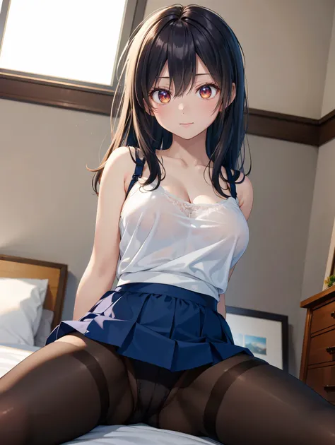  one woman、(( top quality)), ( high resolution), (( very detailed))、( Masterpiece)、An adult-like high school girl、I'm wearing a bare shirt, bra, and panties、(I'm wearing pantyhose)、(I'm lying on the bedroom floor and spreading my legs)、Cute nipple shape、(H...