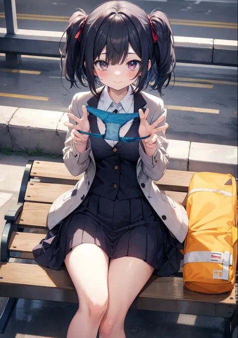  best quality ,  Masterpiece , only one girl,  long, half twin tail,Airy,18 years old, blazer uniform, Skirt Uniform ,Put on a cardigan,Moe袖, Nipples Exposed,Breasts exposed, cute,  park benches,On the bench, open crotch, girl sitting, spread your pussy wi...