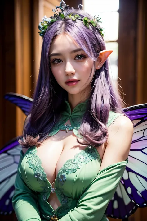 Very very big eyes((Wave long light purple hair))Very slouchy((Green Eyes)) beautiful well-groomed face and body（ adult woman１Only people）light purple fantasy long sleeve dress costume、 beautiful smooth skin、green drooling、corolla、floral crown、 smiles、Elf、...