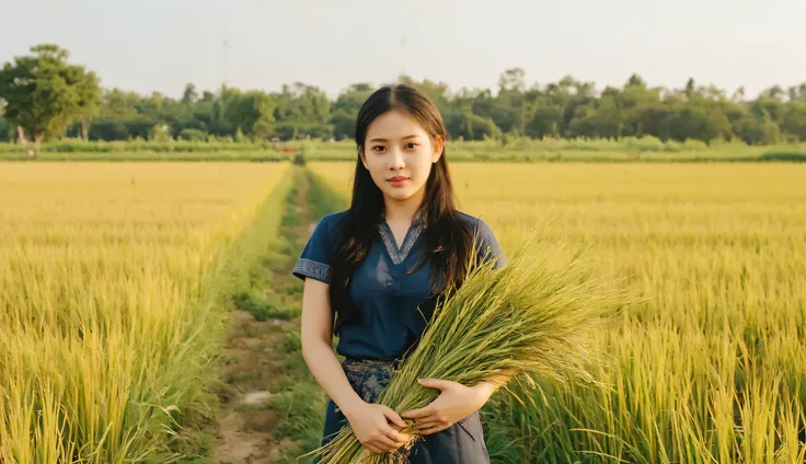 8k Masterpiece Best Quality Special Details
Thai busty long-haired babe sees full body up to her waist
Thai people stand straight, do not turn to the side
Not wearing a hat, standing alone, seeing in the middle of the field, holding a big yellow rice plant...