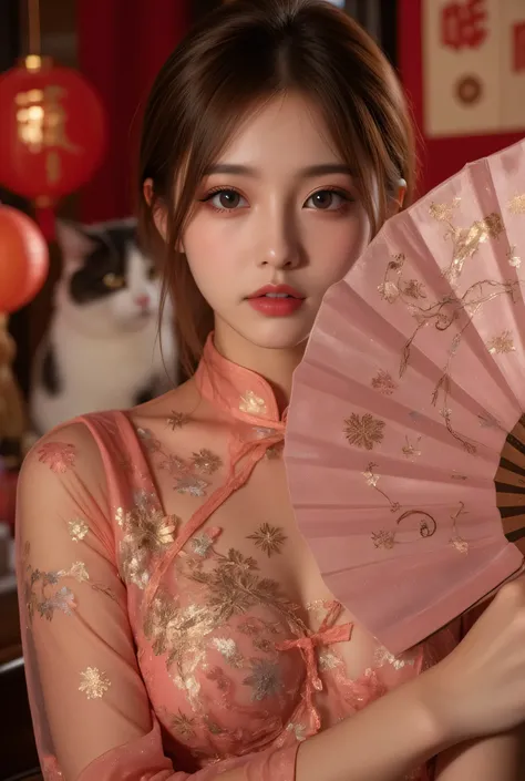 Cat ears、 face up, attractive, pretty girl, ponytail、 (( fine facial features , eroticism)), dramatic lighting , realistic , 8k, Dramatic Shadows , intricate and elaborate patterns , super detailed photo , chiaroscuro lighting , Pleasant colors , deep cont...