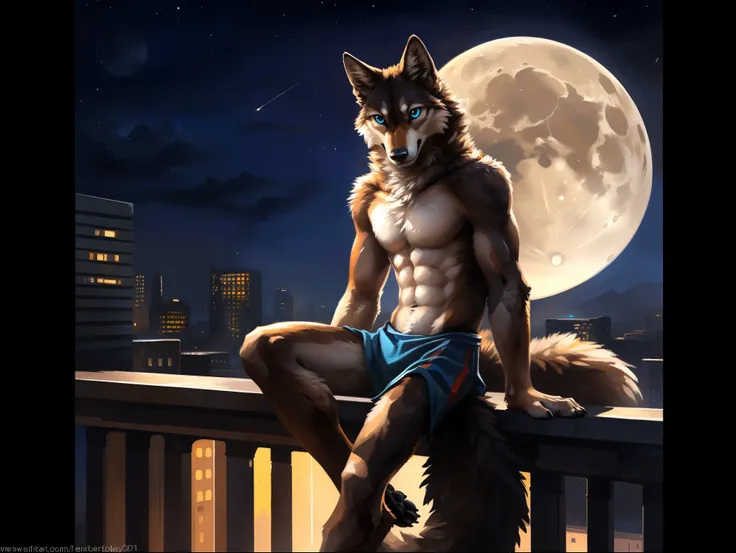 ((Solo)), male people, anthro wolf, (Multi-colored fur, White-brown:1.3), ((Wolf face, Big eyes, White eyelids, Blue pupil, Slim:1.2) (Tough, Calm expression:1.2)), (Height 2.1 meters,Tail length 1.5m), Abs, Slim, pinging, (Correct anatomy), (Contour bone:...