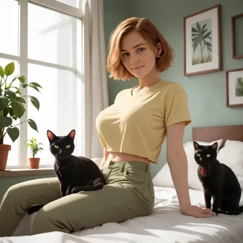 (best_quality, masterpiece:1.2), (highly detailed), (uhd, high_resolution, highres), girl, sitting on bed, yellow shirt, pants, silk material, huge breasts, cat on her lap, black cat, potted greeneries, hanged plantations, short ginger hair, looking at vie...