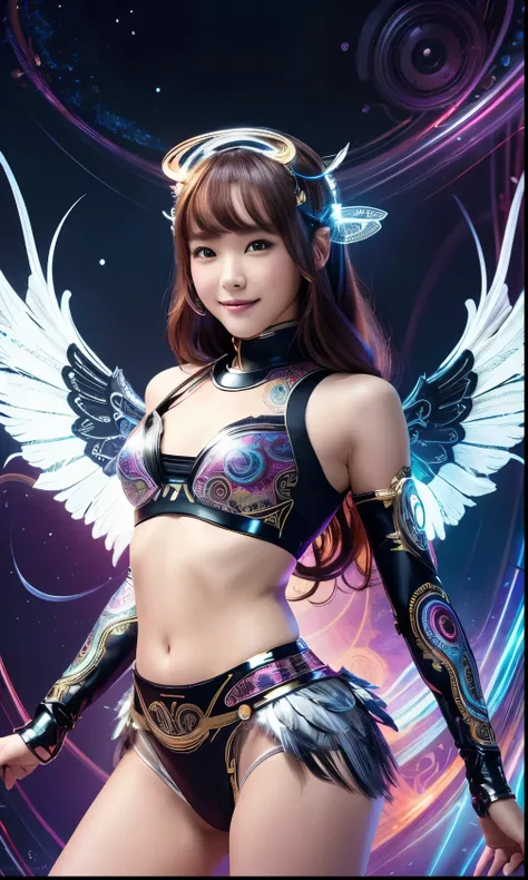  cyborg,  girl, beautiful  girl,  cute,  sexy, strong, thin, delicate, smile, (Lolita Outfit ),  high leg,   Metallic  ,  ultra color, Paisley pattern,  headgear, Mandala, Near future, heaven,  angel, Feather, wing,  helix lamp