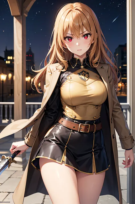  adult woman,  alone,  sexy, 8k resolution,(( top quality)),  ultra high resolution, ( Serious Expression ), ( red eyes),  beautiful symmetrical face  , ( medium hair with golden curls),medieval armor with coat of arms ,Leather Belt,Armor Skirt,Greeve, is ...