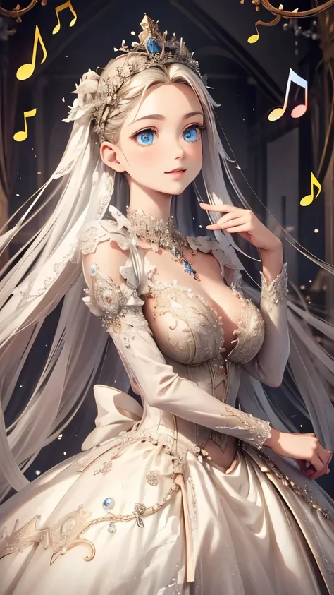 A woman in a white dress holds a music box, artwork in the style of Gwaiz, Gwaiz on pixiv artstation, Gwaiz on artstation pixiv, Gwaiz,   Fantasy art style , Gwaiz masterpiece,  Beautiful and Elegant Queen  ,  beautiful character drawing ,  detailed digita...