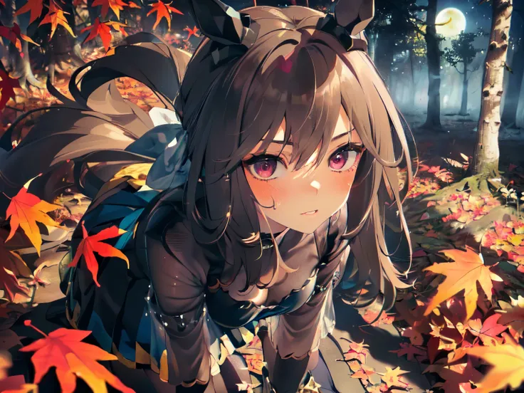 (((Solo, girl with horse ears and horse tail, sexy Japanese kunoichi, ((see-through)), no bra, cable sweater, skirt, black and blue outfit, thighs in tights, ((heart-shaped accessory, hair accessory)), squinting, glowing eyes, blushing, black hair, very lo...