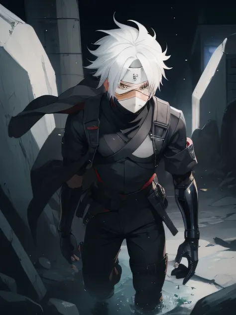 Kakashi Hatake, 1boy, male focus, solo,  full body, white hair, night, one eye covered, parted lips, high collar, looking at viewer, Detailed eyes, ninja,