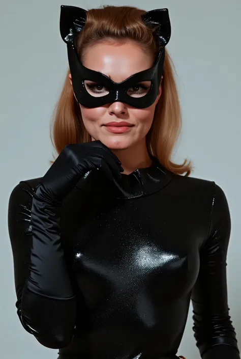  tallulah bankhead, wearing eye mask, head shot only, sculpted abdominal musculature .  Dressed in a black tight-fitting , closed to the neck ,  latex metallized catsuit .