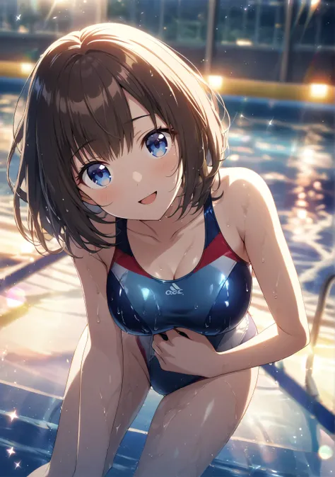 1 Girl, Game CG, 
shallow depth of field, a portrait with a soft Gaussian blurred background, creating a dreamy atmosphere, (focus on face), full body, from above,
immerse herself in the pool water up to her chest, looking above to viewer, Giddy Smile, ope...