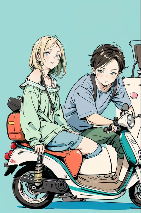  beautiful anime-style illustrations .  A brown striped cat is sleeping on a pale blue scooter seat.  A blonde woman is crouching beside the scooter , Staring at the cat.  The woman is wearing a green off-shoulder top , Denim shorts and brown boots.   back...