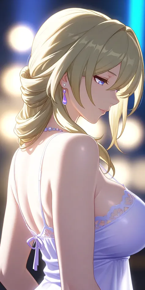 masterpiece, best quality, mature woman, milf, blonde hair, chignon hair, camisole, honkai: star rail cg style, upper body, dynamic lighting, blue light, purple and white colour costume.side view. light transparent dress, tight breast , net style blouse. n...