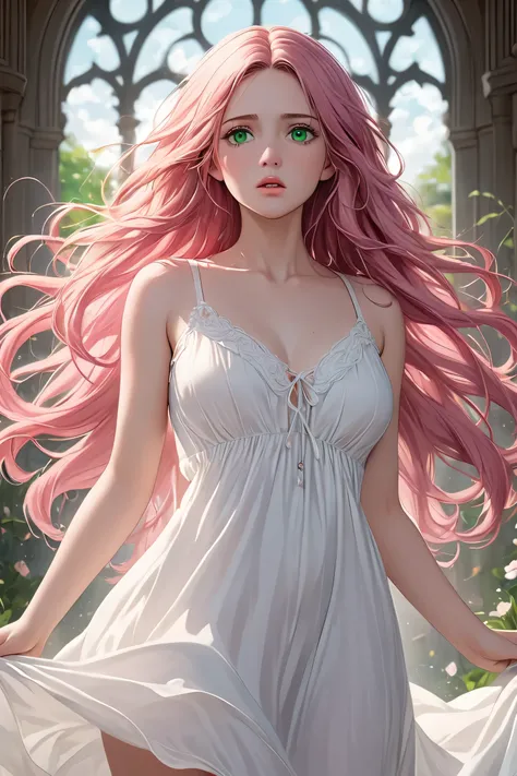 (masterpiece, best quality, 8k, high definition), whole body, 1 woman, long wavy pink hair, mid-chest, green eyes, soft lips, beautiful face, wearing a white sundress, natural light, detailed background, Detailed Illustration Art, an ethereal beauty, facin...