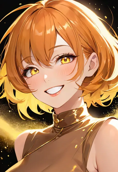  adult woman,  short orange hair and neon yellow eyes、 fearless smile、 face closeup after ejaculating in mouth、 brown dress、 dancing、Neon Background、gorgeous gold powder 