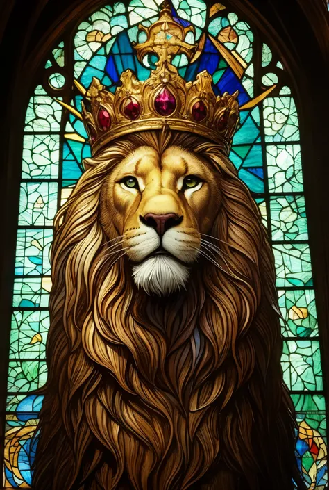  stained glass style　The Lion Wearing a Crown