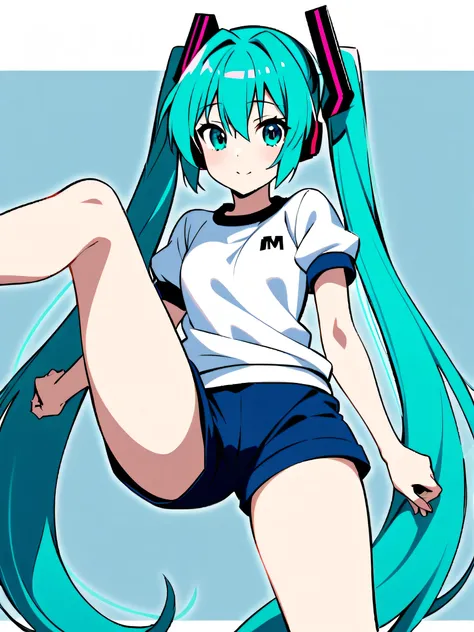 Hatsune Miku wearing a white gym uniform and navy blue shorts, posing with her legs spread in an M-shape.