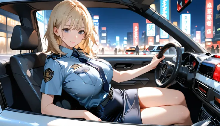  Masterpiece, 1 woman,Asian with big boobs, Japanese Police Uniforms , Police shirt ,Driving a car,Police car ,wavy hair, medium hair ,  blonde , choppy bangs , captivating look,, woman wearing a pencil skirt, night city,  high resolution,looking at viewer...