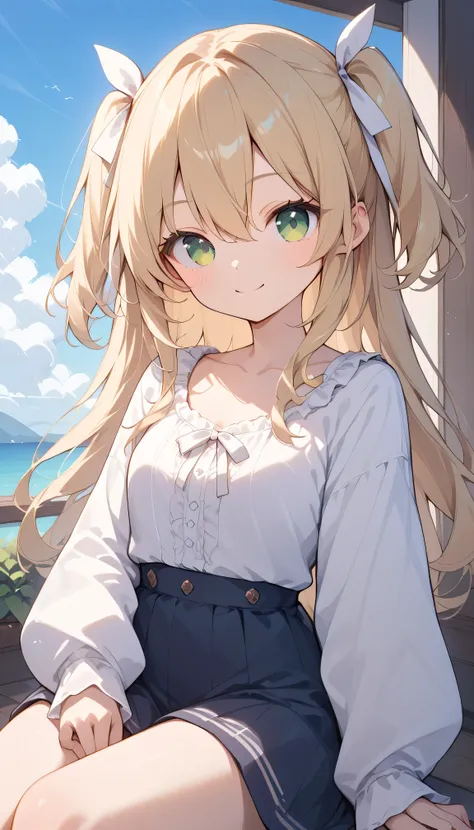 two side up　 white ribbon　 long hair　 blonde　 green eyes　 eyebrows visible from inside hair ,  hair between eyes,  watches viewers, masterpiece,  top quality, very aesthetic　 casual clothes　 white shirt　 Outdoors　 downtown　Square　blue sky　face focus　smile