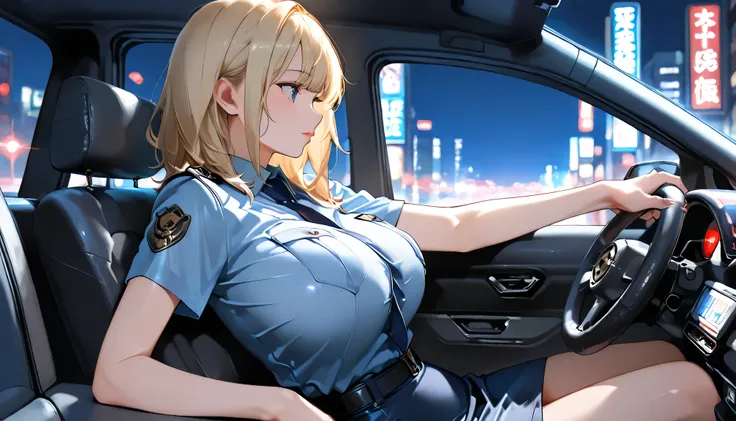  Masterpiece, 1 woman,Asian with big boobs, Japanese Police Uniforms , facing to the side,Police shirt ,Driving a car,Police car ,wavy hair, medium hair ,  blonde , choppy bangs , captivating look,, woman wearing a pencil skirt, night city,  high resolutio...