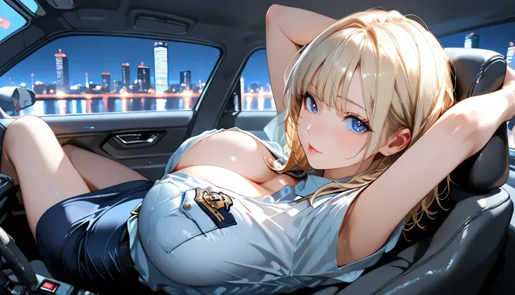  Masterpiece, 1 woman,Asian with big boobs, Japanese Police Uniforms , Police shirt ,Inside the car,4 seater police car,wavy hair, medium hair ,  blonde , choppy bangs, put your hands behind your head, captivating look,, woman wearing a pencil skirt, night...