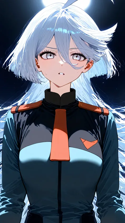 (Highly detailed, Absurdres, Anatomically correct, Best quality, Volumetric lighting), anime character name Miorine Rembran, girl, 1girl, solo, with white hair pointing at something in the distance,danganronpa style, with index finger, white haired person,...