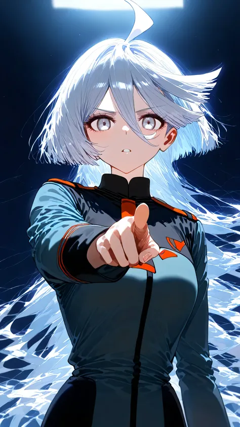 (Highly detailed, Absurdres, Anatomically correct, Best quality, Volumetric lighting), anime character name Miorine Rembran, girl, 1girl, solo, with white hair pointing at something in the distance,danganronpa style, with index finger, white haired person,...