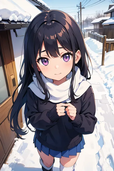  Japanese house with snow piled up 　 snow piles up on the road 　Elementary school girl ８Toddler flat chest 　 black hair 　 long hair　  purple eyes　smile （（One person））  upper body long sleeve sweater and jumper 　 wrapping a scarf around the neck 　Woolen glo...