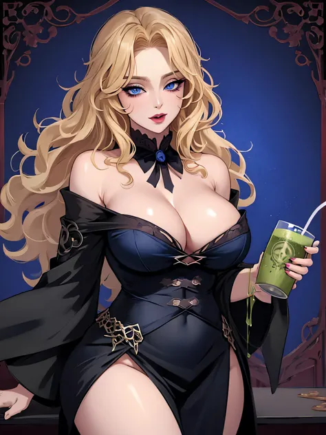 The Dark Witch woman, medium blond curly hair, big breasts, blue eyes, dark makeup, wearing, sexy drinking matcha